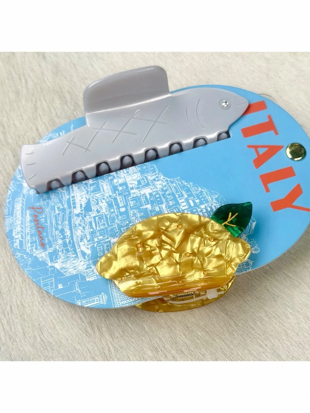 Italy Theme Hair Clip Set 2-pc Anchovy + Lemon Acrylic Italian Novelty Gift Y2K
